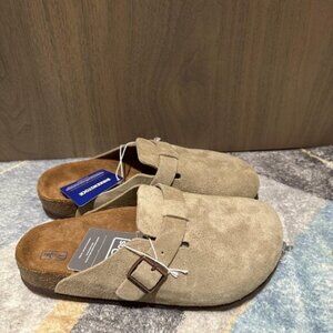 Birkenstock Boston taupe suede mule clogs